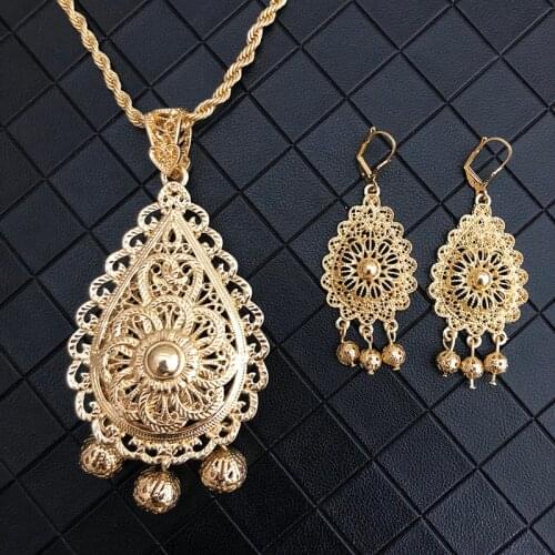 Luxury Dubai Jewelry Necklace Sunflowers Pendent Bistratal Long Chain Necklace And Earrings Gifts Flower Hollow Pendents
