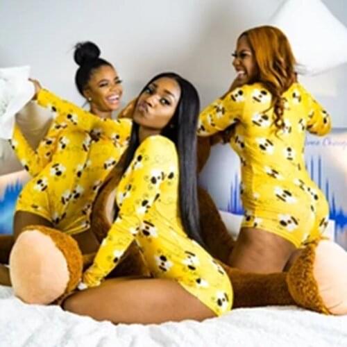Sexy Women Bodysuit Long Sleeve Home Wear Tracksuit Playsuit Pajama Bodycon Stretch Leotard Bodysuit Button Romper Sleepwear