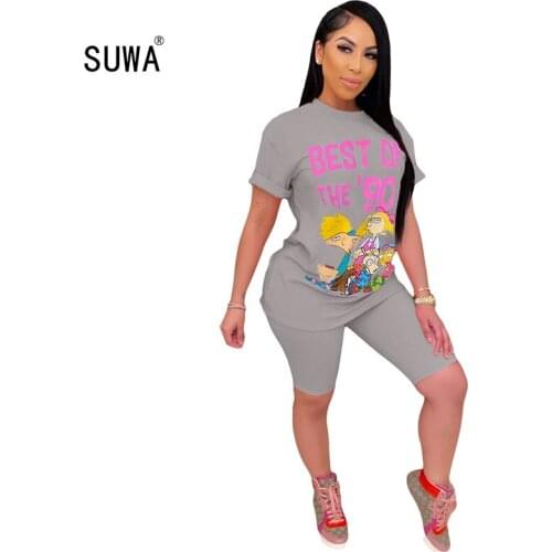 Cartoon Funny Tracksuit Women 2 Piece Outfits Festival Cotton Clothing Short Sleeve Top + Biker Shorts Sweat Suits Two Piece Set