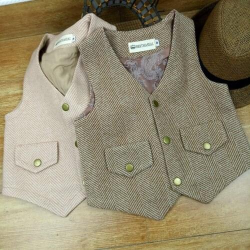 Woolen Tweed Boy Girl Herringbone Waistcoat Pockets Buttons V Collar Vests Kids Baby Infant Toddler Child Youth