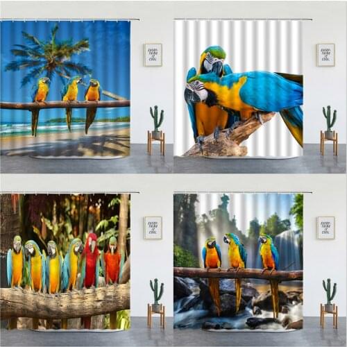Parrot Shower Curtains Ocean Waterfall Beach Tropical Palm Tree Landscape Cloth Curtain Green Plant Bird Printing Bathroom Decor