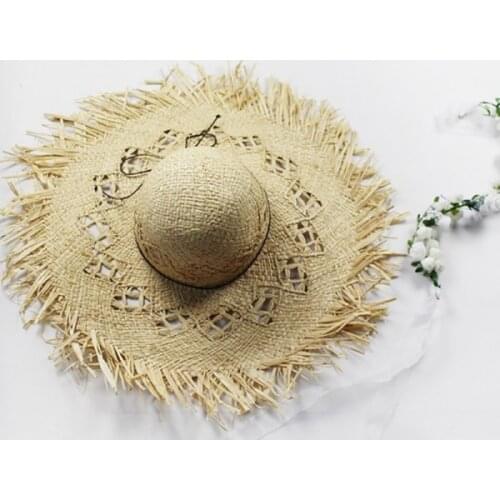 Women Beach Sunhat Natural Large Wide Brim Straw Hats Woven Circle Fringe Cap Summer Hollow Out Big Straw Hat S1