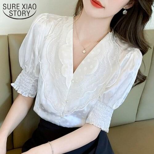 New French Style Loose White Blouse Women Summer Lace Chiffon Shirt Ladies Korean V Neck Puff Sleeve Polka Dot Female Tops 15220