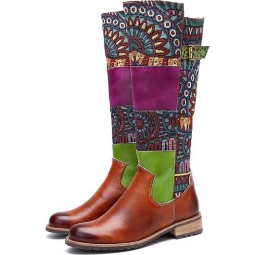 Retro Braided Woman Boots Printing Rope Embossing Genuine Leather Splicing Square 3CM High Heels Boots Ladies 2020 Shoes Women