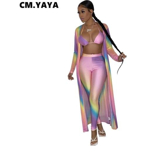 CM.YAYA Women Set Gradient Color Full Sleeve Long Trench Bandage Halter Bra Tops Skinny Pants 3 Piece Sets Sexy Beachwear Summer