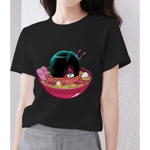 T-shirt Womens Japanese Basic Summer Ladies Tops Slim O-neck All-match Soft Cartoon Anime Pattern Printing Series Black T-shirt