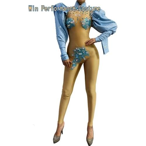 Puff Sleeve Illusion Prom Jumpsuit Sexy Sweetheart Blue Appliques Birthday bar club rave outfit Performance stage clothes