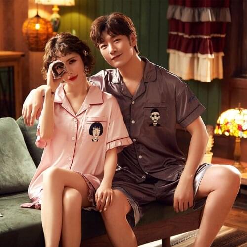Summer Couples Ladies Pajamas ice Silk Thin Short Sleeve Suit Cute Girl Loose Household Set
