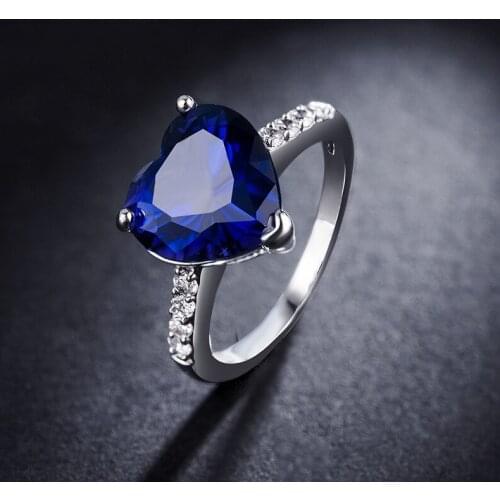 Trendy Simple Heart-shaped Royal Blue Zircon Rings for Women Wedding Crystal Fashion Jewelry Accessories Whole Sale