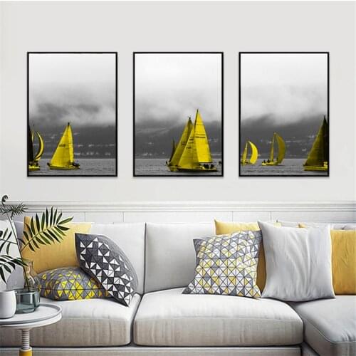 Sailboat Lake Landscape Yellow Color Wall Art Canvas Painting Pictures Posters and Prints Interior for Living Room Home Decor