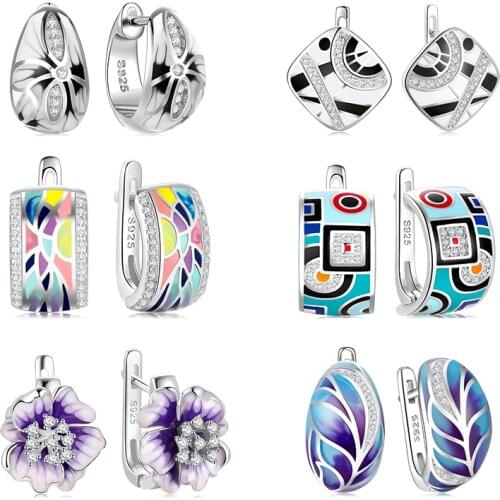 Hot 925 Sterling Silver Earrings for Women Exquisite Enamel Art Pattern Flower Stud Earrings Engagement Wedding Jewelry Gifts