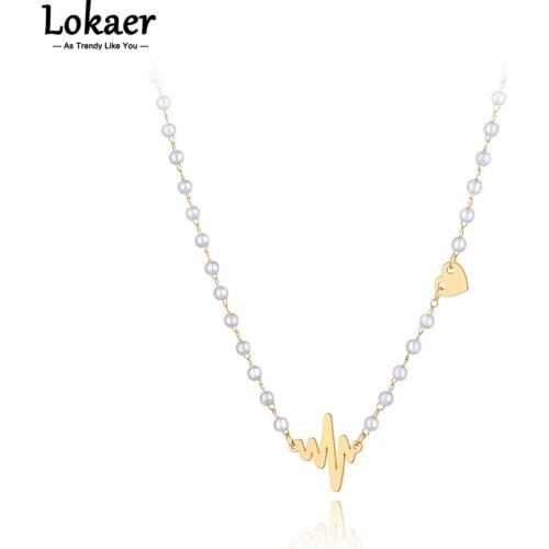 Lokaer Fashion Bohemia Titanium Stainless Steel White Pearl Choker Necklace Beach Heart Charm Chain Necklace For Women N21151