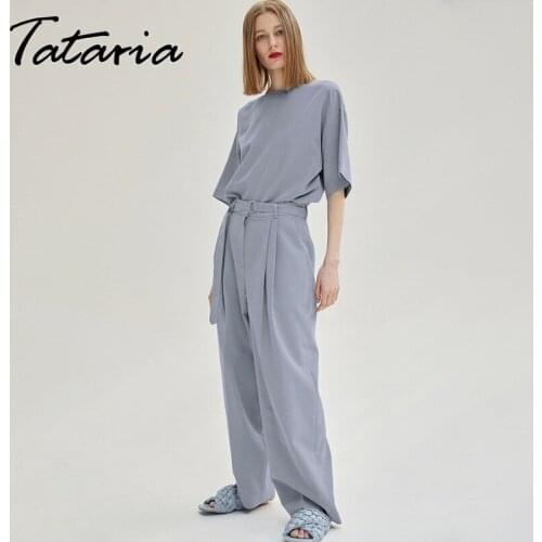 Casual blue trouser suits for women elegant autumn 2021 classic set with pants lace up wide leg pants Two-piece suit female