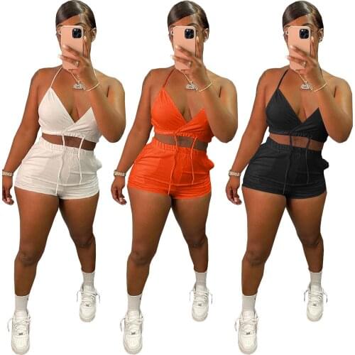 Casual Women Biker Two Piece Set Bra Crop Top And Short Pants Drawstring Matching Set Tracksuit For Women Clothes Outfit