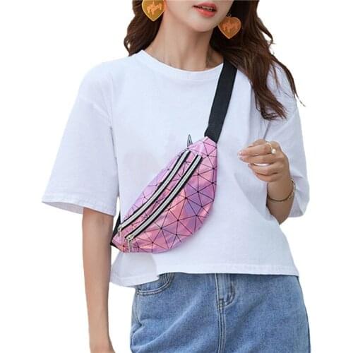 Unisex Double Pocket Waist Bag Large Capacity Laser Geometric Diamond Plaid Sports Outdoor Chest Pack Zipper Messenger Bag