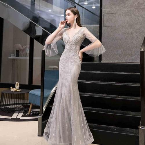 Luxury Heavy Beading Short Sleeves Gray Mermaid Evening Dresses V Neck Women Formal Party Gowns Sexy vestidos de noche 2021