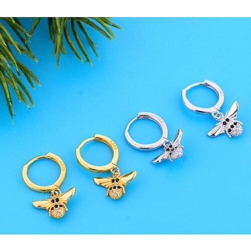 925 Sterling Silver Gold Color Honey Bee Black Bead Hoop Earring Piercing Pendientes Boucles Doreilles Brinco For Women 2020 New