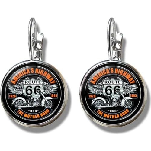 Fashion Motorcycles Pattern French Hook Earrings US Flag Route 66 Design 16mm Glass Cabochon Jewelry For Women Girls Gift