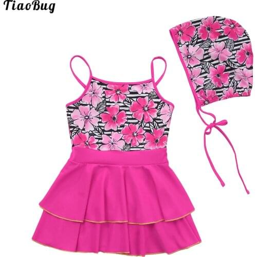 TiaoBug Summer Kids Girls Floral Print Adjustable Straps Sleeveless Swimming Layered Dress With Hat Sets Beach Swimwear Bikini
