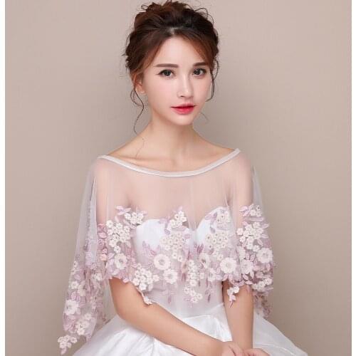 Women Wedding Bridal Cape Sheer Ivory Tulle Pink Applique Formal Cape Special Contrast Color High Low Elegant Prom Shawl