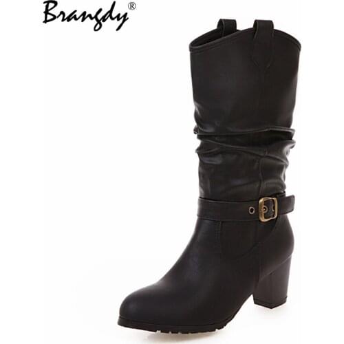 Brangdy Women Mid Calf Boots Square Heel Pleated Women Winter Boots Round Toe Metal Buckle Heel Height Shoes Warm Fur Size 34-43
