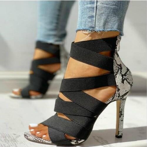 Mujer 2020 Womens Ladies Pumps Fashion Bandage Patchwork Mixed Colors Snake High Heels Sandals Casual Shoes zapatos de mujer