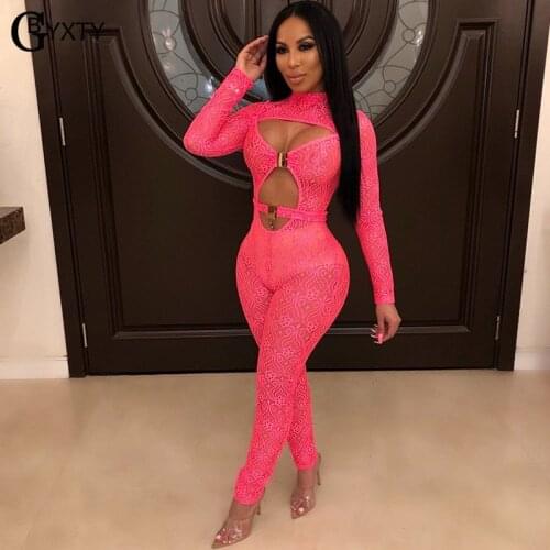 GBYXTY Sexy Hollow Out Buckles Jumpsuit Women 2019 Turtleneck Long Sleeve Lace Jumpsuit Long Pants Club See Through Oufits ZL447