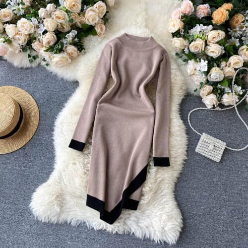 Amolapha Women Knit Irregular Dress Vestidos Long-sleeved O Neck Striped Elegant Woman Knitted Slim Dresses
