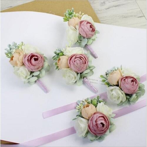 10Pcs DIY pink2 corsage flower Free shipping bride groom bridesmaids corsage brooch hand wrist flower wedding photography props