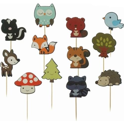 12pcs Forest Animal Cupcake Topper Fox Owl Birds Happy Birthday Cake Topper For Baby Shower Kids Birthday Party Cake Decorations