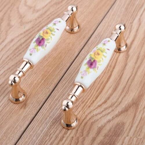 96mm 128mm modern fashion rural ceramic furniture handles bright golden kitchen cabinet dresser door handles flower porcelain 5"