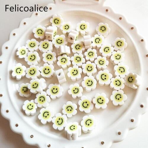 100pcs White Smiley Face Flowers Polymer Clay Shape Spacer Beads For DIY Handmade Jewelry Craft Accessories 10mm