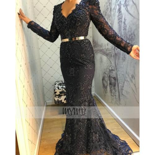 Exclusive Couture Dubai Evening Gown For Big Women Navy Lace Embriodered Long Sleeve Hijab Mother Of The Bride Dresses Plus Size