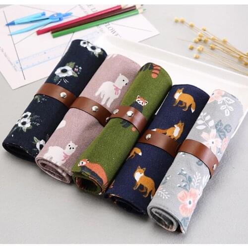 2020 Cartoon Alpaca/Fox/Raccoon Roll Pencil Pen Makeup Brush Stationery Storage Bag Pencil Bag School Supplies