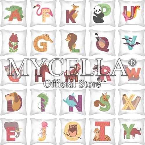Cute Cartoon Animals Cushion Cover for Children Room Water Color English Letter Print Pillow Case Short Plush Pillowcase 45x45cm