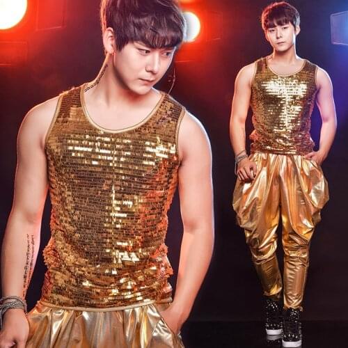 New fashion Male singer DJ Gold Paillette DS Vest Costume set Nightclub party Jazz dancer stage show punk clothes