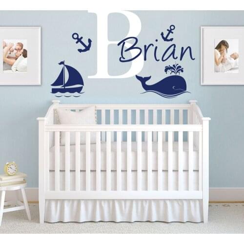 Custom Name Whale Sail Boat Anchor Wall Decal Nursery Kids Room Personalized Marine Sea Fish Wall Sticker Bedroom Vinyl Decor