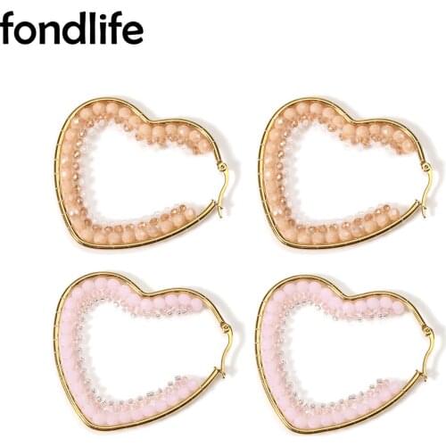 Boho Gold-Plated Stainless Steel Sparkling Crystal Love Heart Earrings Bohemian Pretty Cute Summer Beach Surf Jewelry Present