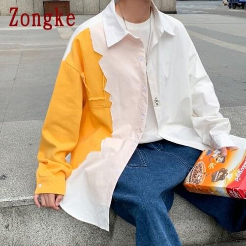 Zongke Casual Shirts For Men Clothing 2021 Fashion Streetwear Men Long Sleeve Shirt Patchwork White Shirt Men M-3XL