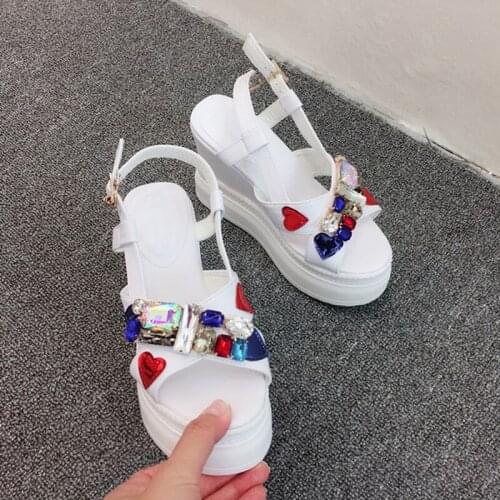 Glitter Rhinestone Platform Sole 12 Cm Wedges Heels Sandals Multicolors Gem Crystal Red Heart Sandalias Shoes Beach Zapatos