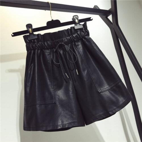 Black Shorts Women High Waist Drawstring Pockets PU Short Pants Women Fashion Casual Solid Straight Leather Shorts for Women