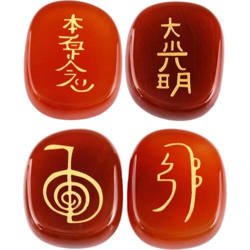 TUMBEELLUWA 1Set (4Pc) Carnelian Agate Engraved Stone,Palm Usui Stone Healing Crystal Chakra Reiki Symbols