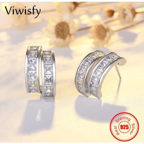 Viwisfy Double C Shape Real 925 Sterling Silver Stud Earrings For Women Crystal Jewelry Girls Wedding Gift VW21435