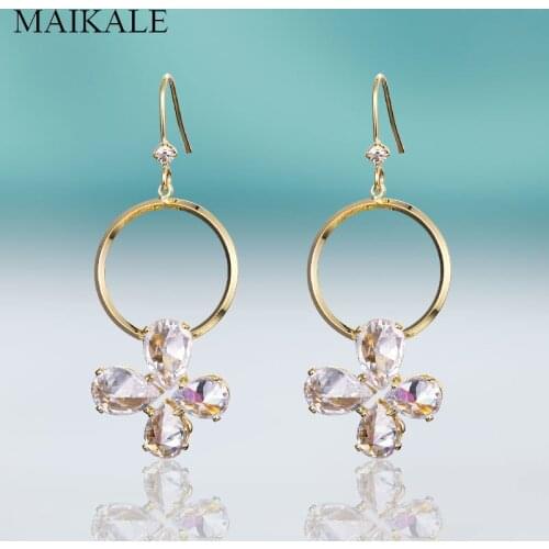 MAIKALE Luxury Zirconia Flower Drop Dangle Earrings Gold High Quality Plated Round Circle Hook Earrings for Women Jewelry