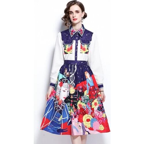 Autumn Designer Elegant Women Floral Print Two Piece Sets New Female Lapel Long Sleeve Shirt Top+Fashion A-Line Midi Skirt Sets