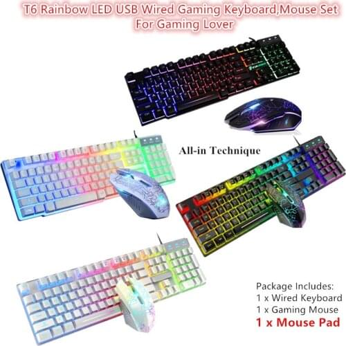 1Set RGB T6 Rainbow LED Backlit Multimedia Ergonomic USB Wired Gaming Keyboard Wired Mice and Mouse Pad for PC Laptop Game Lover