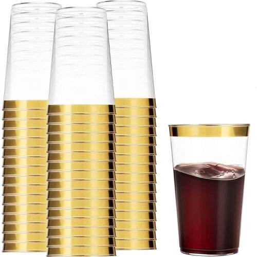 25pcs Gold Plastic Cups 12Oz Golden Rimmed Tumblers Fancy Silver Disposable Wedding Cup Rose Gold Elegant Birthday Party Cup Set