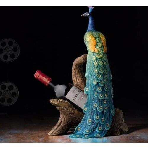 43 CM China Art Deco Pure Brass painted peafowl Bird wine rack sculpture Decoration Home Furnishings Gift Statue