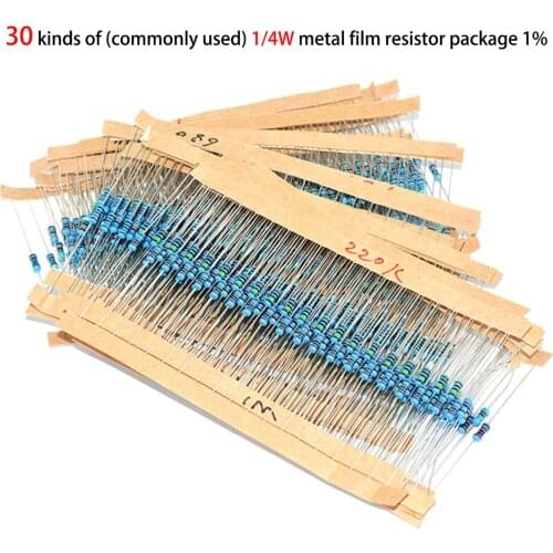 600pcs/lot 30 kinds 1/4W 1% Metal Film Resistor Assortment Kit Set 10Ω~22 47 100 200 330 510 680 1K 1M resistor samples kit