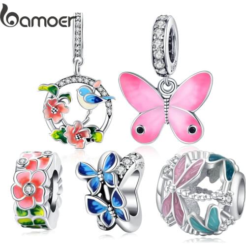 Bamoer Colorful Birds Flowers Leaves CZ Pendant Spring Charm fit Original Bracelet Jewelry Accessories DIY Making SCC1726
